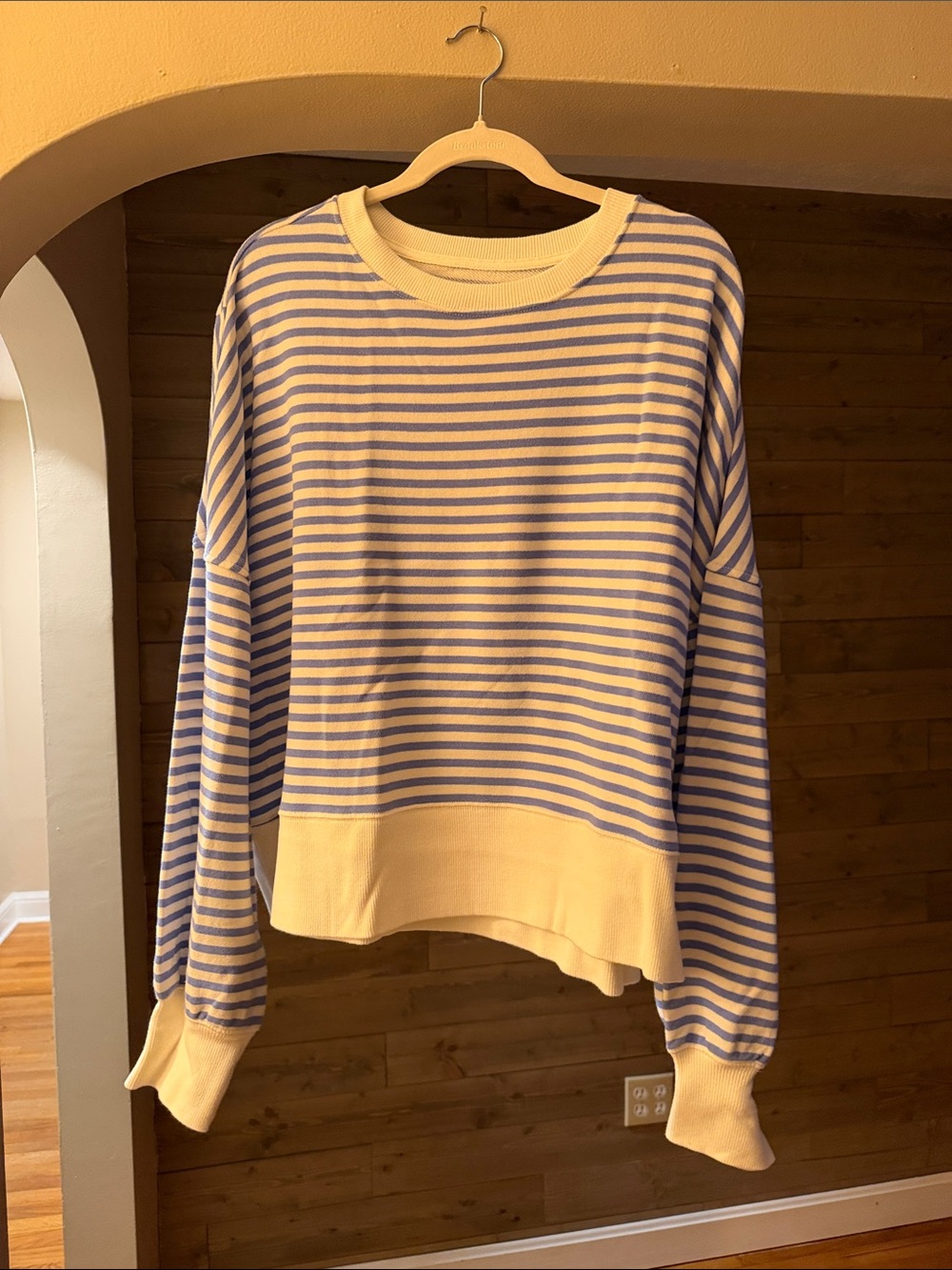 aerie women Crewneck Sweater in Cream and Light Blue Stripes